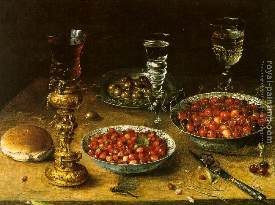 Osias Beert : Graphic Still-Life with Cherries and Strawberries in China Bowls